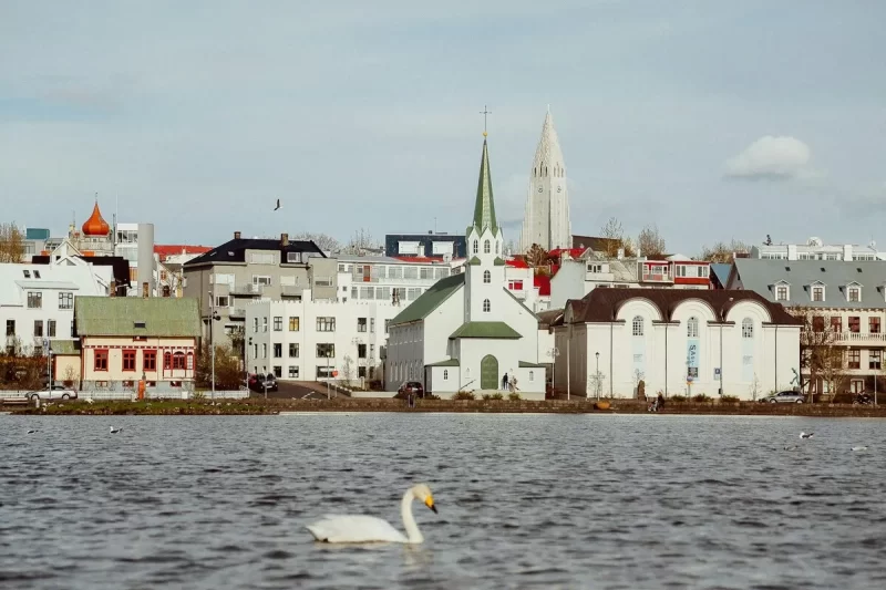  Vista de Reykjavik com lago, cisne, igreja Hallgrímskirkja e edifícios coloridos na Islândia.