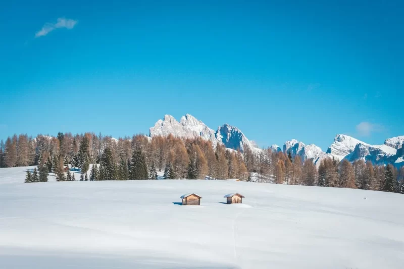 Duas pequenas cabanas de madeira em um vasto campo nevado, com florestas e picos das Dolomitas cobertos de neve ao fundo sob um céu azul.
