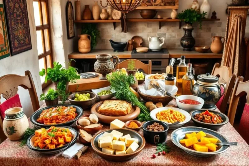 Uma mesa farta com pratos tradicionais da gastronomia de Chipre, incluindo queijos, azeitonas, saladas, molhos e diferentes preparações, em um ambiente rústico e acolhedor.